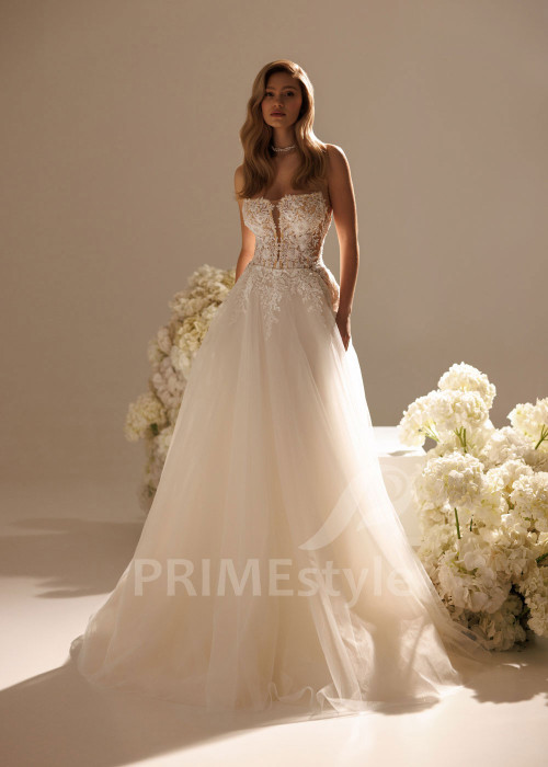 Tylové svadobné šaty May s čipkovaným živôtikom a tylovým plášťom