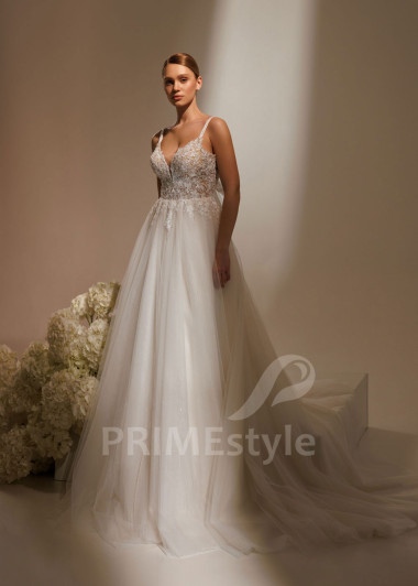 Tylové svadobné šaty Peony s čipkovaným živôtikom a ramienkami