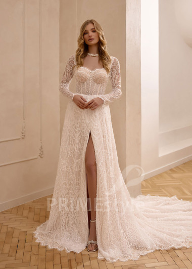 Celočipkované svadobné šaty VS1200 s dlhým rukávom