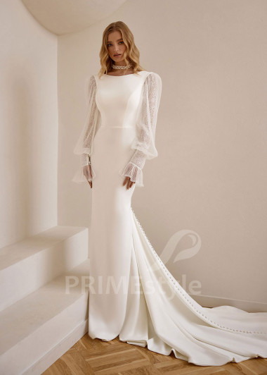 Jednoduché svadobné šaty VS1203 s dlhým balónovým rukávom