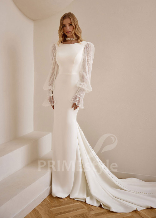 Jednoduché svadobné šaty VS1203 s dlhým balónovým rukávom