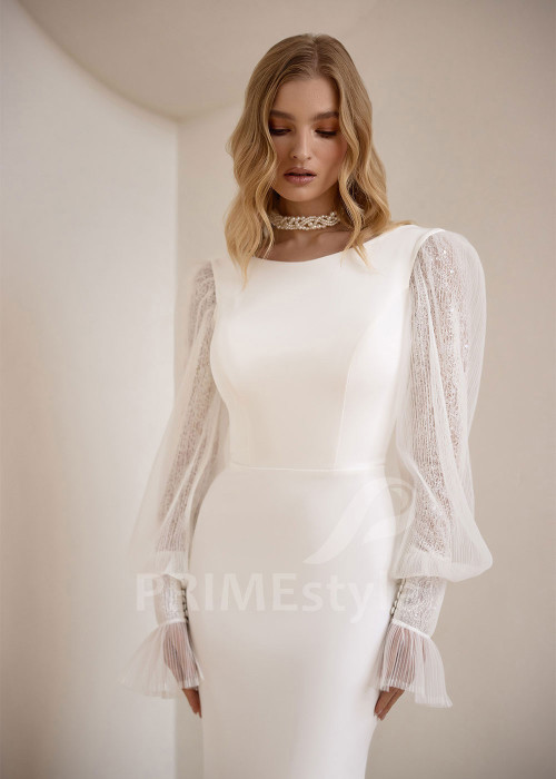 Jednoduché svadobné šaty VS1203 s dlhým balónovým rukávom