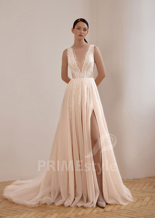 Tylové svadobné šaty VS1206 s hlbokým výstrihom a rozparkom
