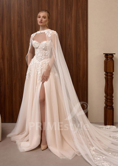 Tylové svadobné šaty VS1207 s rozparkom a čipkovaným plášťom