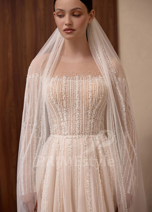 Tylové svadobné šaty VS1208 s dlhým čipkovaným rukávom