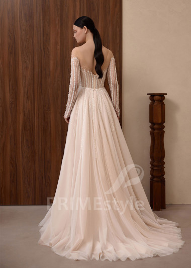 Tylové svadobné šaty VS1208 s dlhým čipkovaným rukávom | PRIMESTYLE.SK