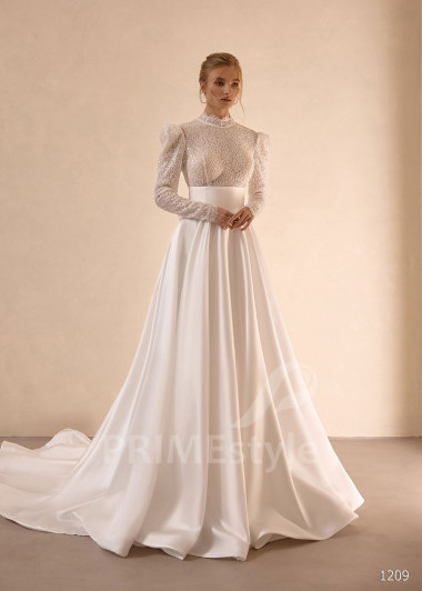 Saténové svadobné šaty VS1209 s trblietavým živôtikom a dlhým rukávom