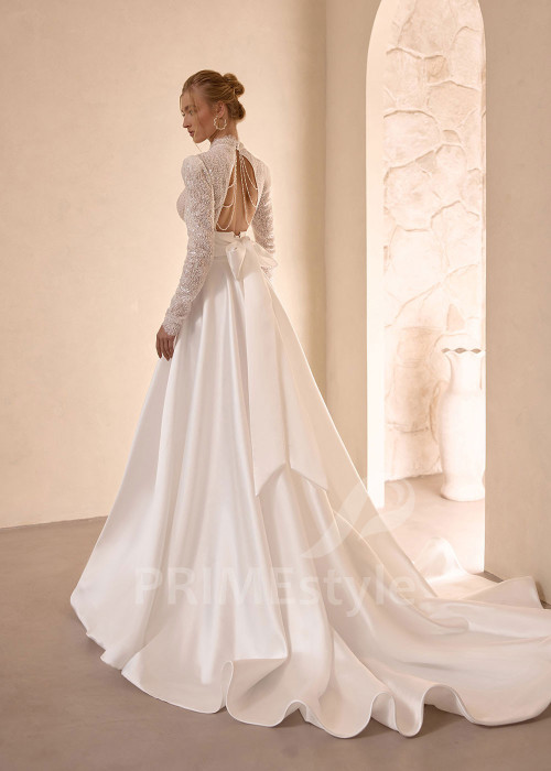 Saténové svadobné šaty VS1209 s trblietavým živôtikom a dlhým rukávom