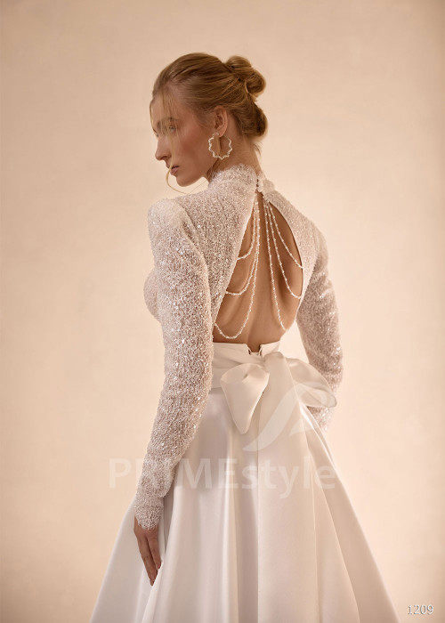 Saténové svadobné šaty VS1209 s trblietavým živôtikom a dlhým rukávom