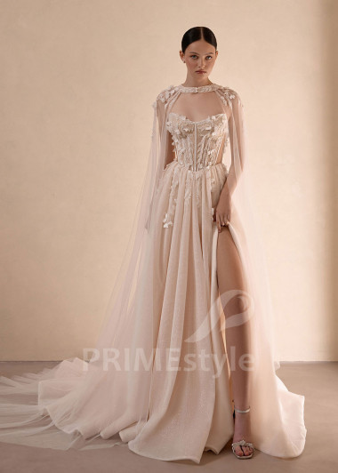 Luxusné svadobné šaty VS1211 s trblietavou sukňou a tylovým plášťom