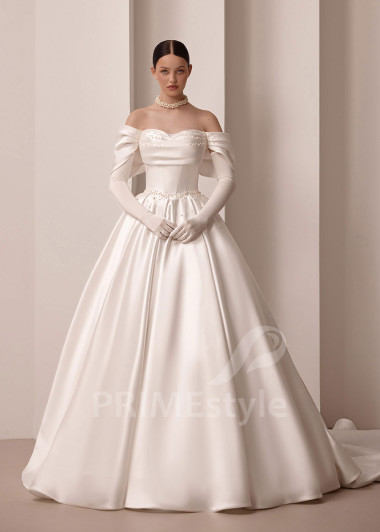 Luxusné saténové svadobné šaty VS1213 s rukavičkami