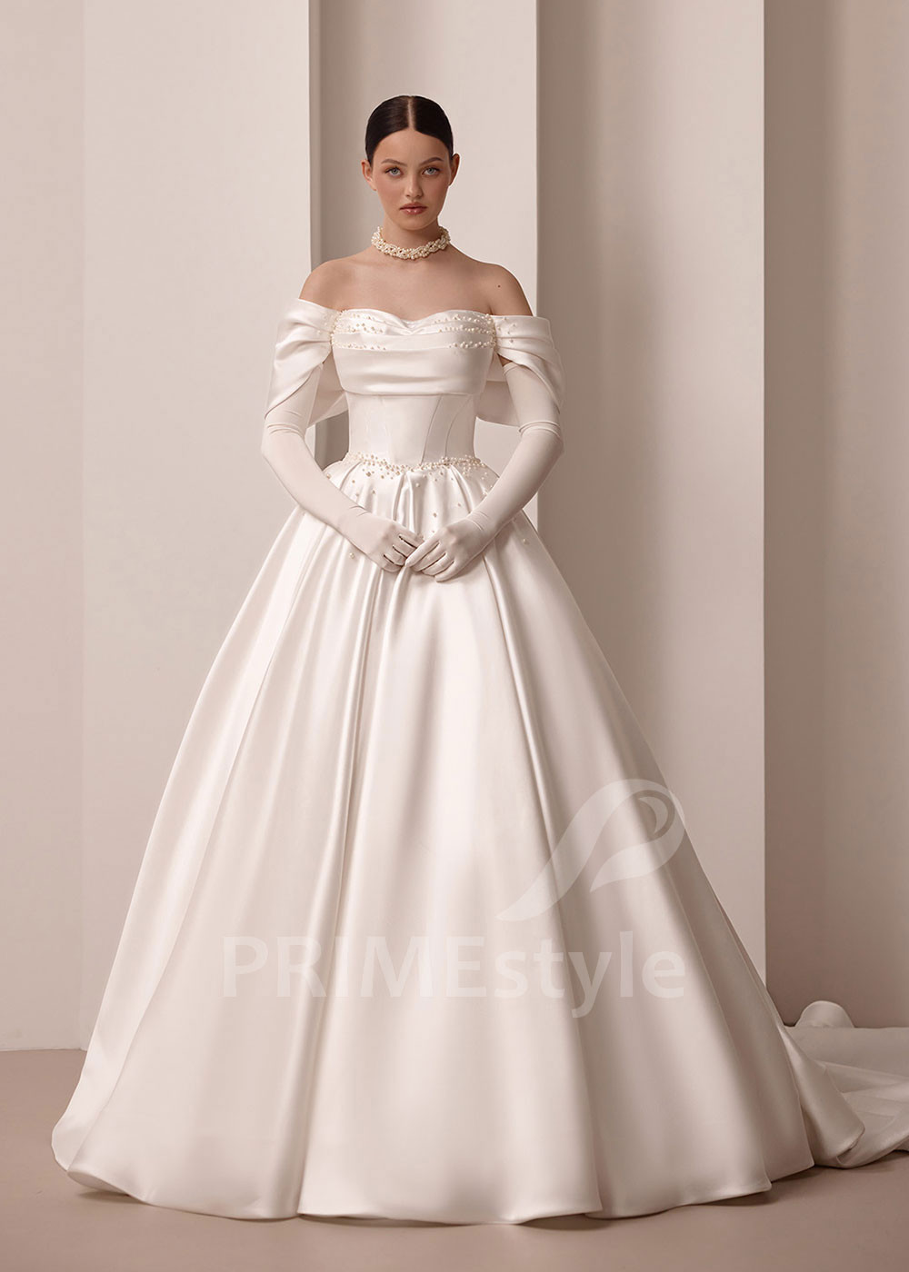 Luxusné saténové svadobné šaty VS1213 s rukavičkami