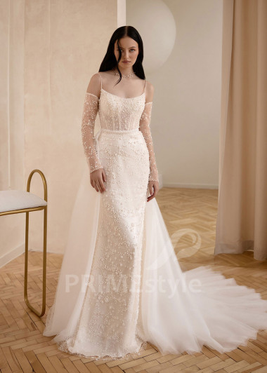 Perličkové svadobné šaty s odnímateľnou tylovou vlečkou VS1217
