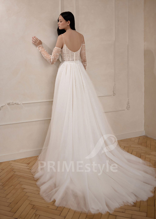 Perličkové svadobné šaty s odnímateľnou tylovou vlečkou VS1217