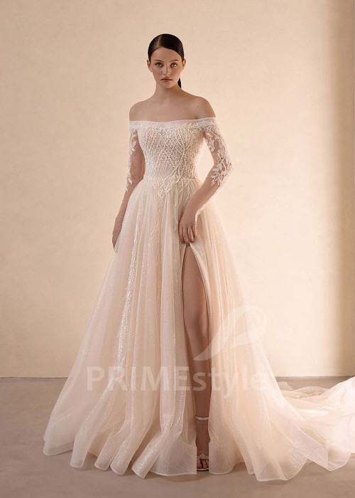 Trblietavé svadobné šaty s dlhým rukávom VS1222