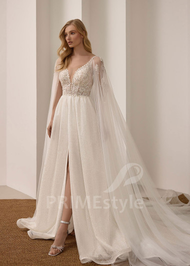 Elegantné svadobné šaty s dlhým prehozovým rukávom VS1223