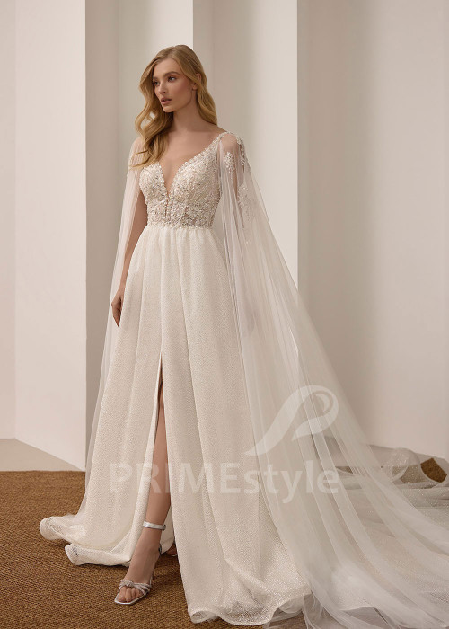 Elegantné svadobné šaty s dlhým prehozovým rukávom VS1223