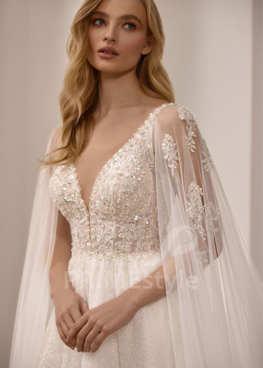 Elegantné svadobné šaty s dlhým prehozovým rukávom VS1223 | PRIMESTYLE.SK