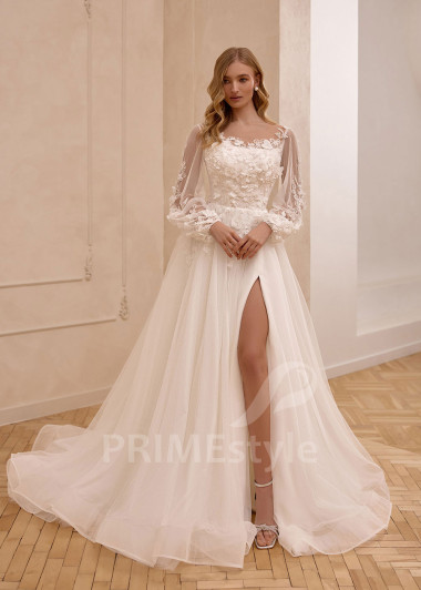 Trblietavé svadobné šaty s balónovým rukávom VS1225