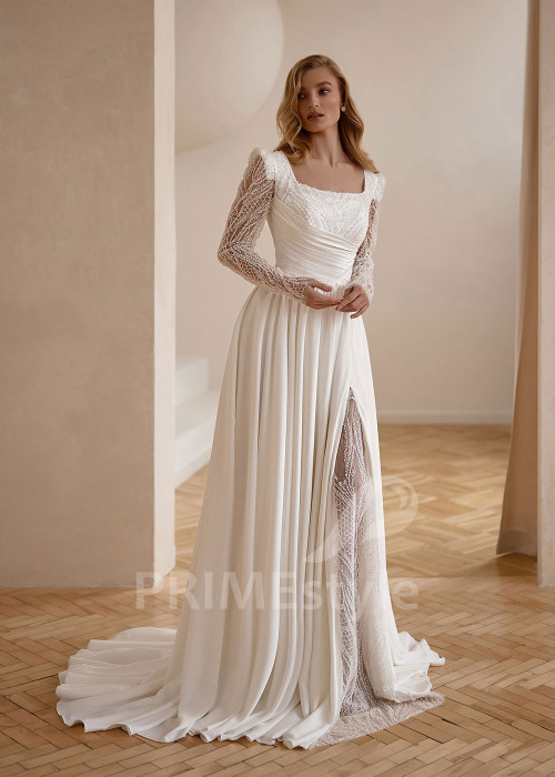 Elegantné svadobné šaty s čipkovaným rukávom VS1226