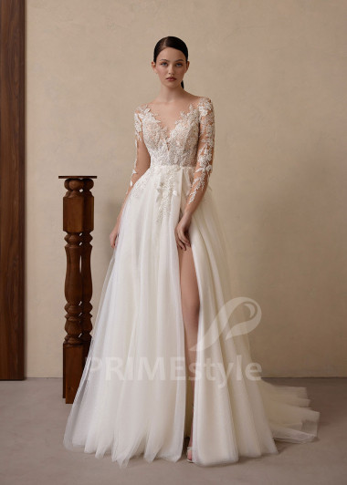 Padavé svadobné šaty s čipkovaným rukávom VS1229