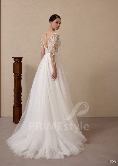 Padavé svadobné šaty s čipkovaným rukávom VS1229 | PRIMESTYLE.SK