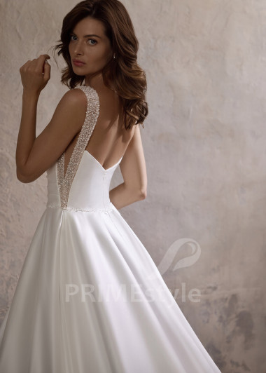 Elegantné saténové svadobné šaty na ramienka RC2811 - primestyle.sk