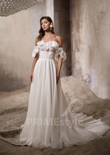 Jednoduché svadobné šaty s padnutými ramienkami RC2824