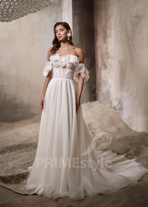 Jednoduché svadobné šaty s padnutými ramienkami RC2824