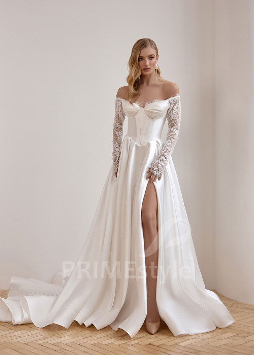 Luxusné svadobné šaty VS1227 s dlhým čipkovaným rukávom