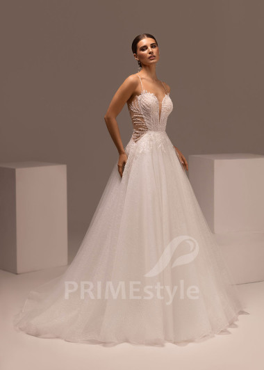 Tylové svadobné šaty s hlbokým výstrihom Daniella