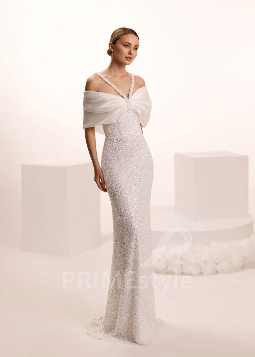 Trblietavé svadobné šaty so saténovou mašľou Delfina