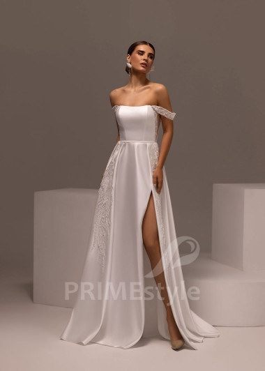 Hladké svadobné šaty so spadnutými ramienkami Donata