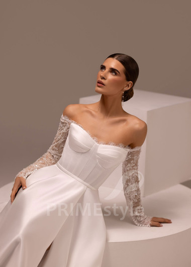 Hladké svadobné šaty s dlhým čipkovaným rukávom Fabiana | PRIMESTYLE.SK