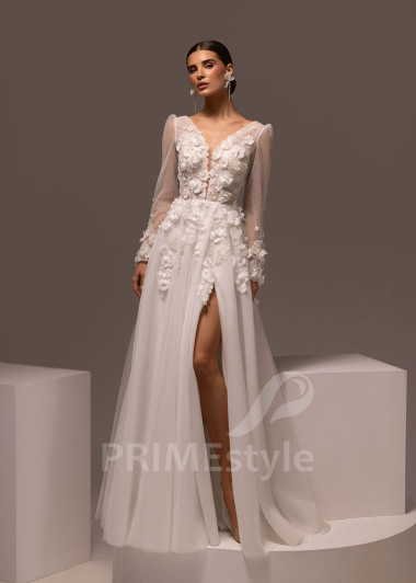 Tylové svadobné šaty s 3D kvetmi a dlhým rukávom Fernanda