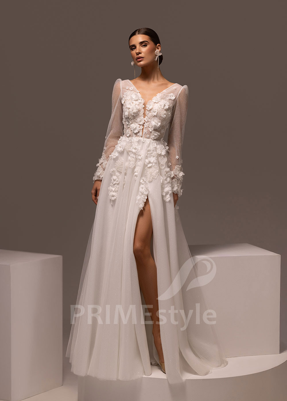 Tylové svadobné šaty s 3D kvetmi a dlhým rukávom Fernanda