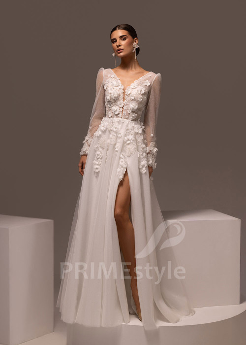 Tylové svadobné šaty s 3D kvetmi a dlhým rukávom Fernanda