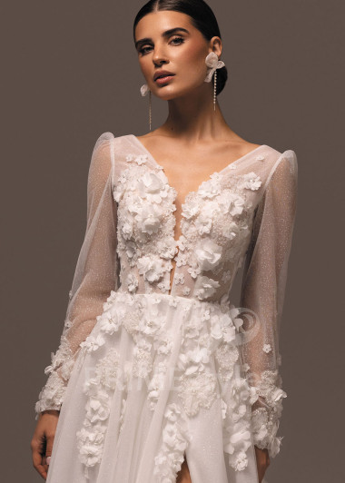 Tylové svadobné šaty s 3D kvetmi a dlhým rukávom Fernanda | PRIMESTYLE.SK