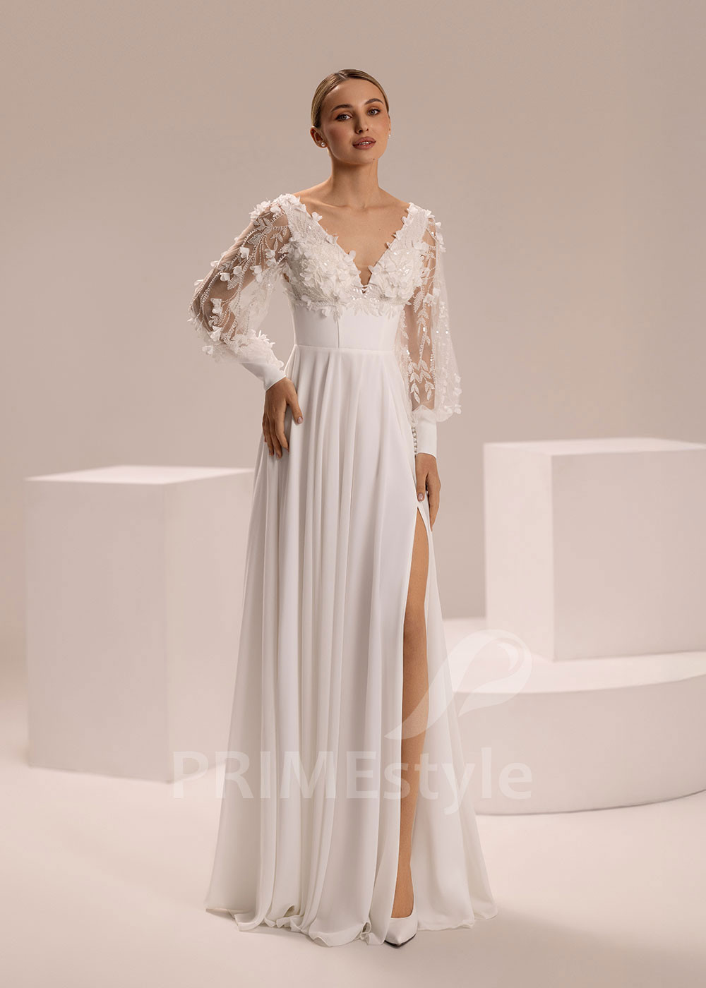 Šifónové svadobné šaty s kvetinovými rukávmi Juliana