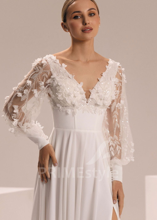 Šifónové svadobné šaty s kvetinovými rukávmi Juliana