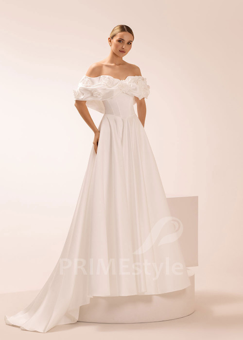 Princeznovské svadobné šaty s 3D kvetmi a spadnutými ramienkami Maggia