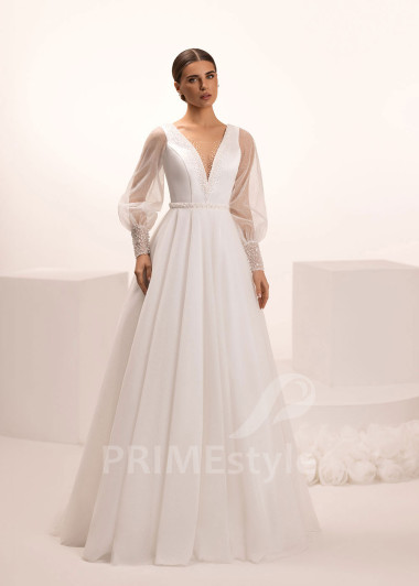 Svadobné šaty s trblietavou sukňou a balónovými rukávmi Ortensia