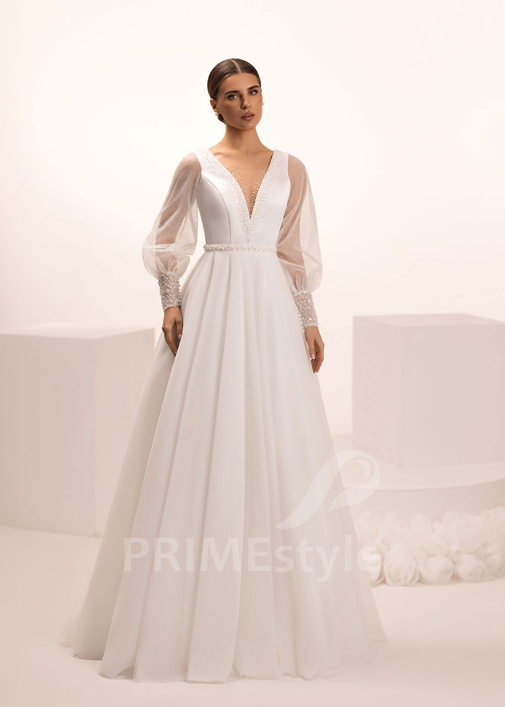 Svadobné šaty s trblietavou sukňou a balónovými rukávmi Ortensia