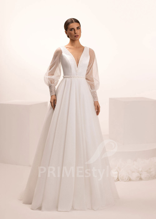 Svadobné šaty s trblietavou sukňou a balónovými rukávmi Ortensia