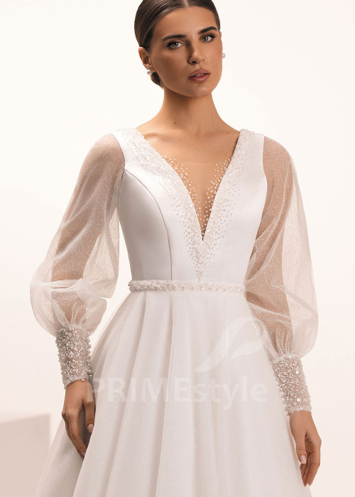 Svadobné šaty s trblietavou sukňou a balónovými rukávmi Ortensia