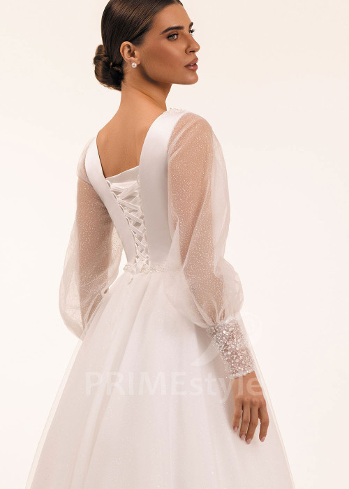 Svadobné šaty s trblietavou sukňou a balónovými rukávmi Ortensia