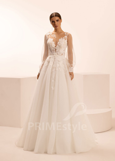 Romantické svadobné šaty s 3D čipkou a balónovými rukávmi Ottavia