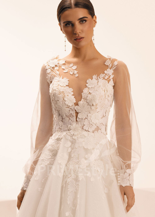 Romantické svadobné šaty s 3D čipkou a balónovými rukávmi Ottavia